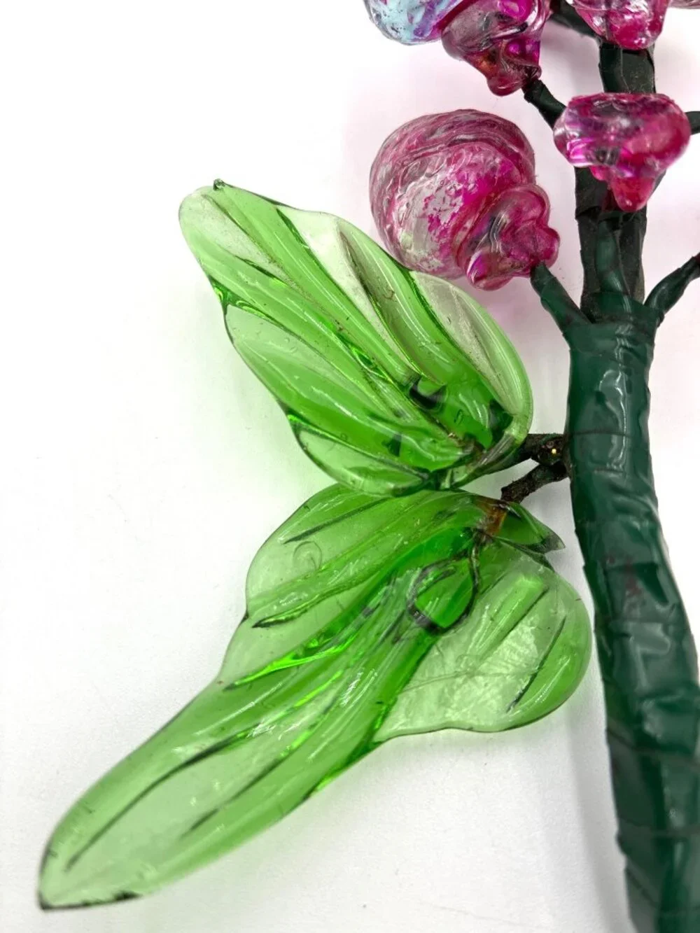 Vintage Handblown Glass Grape Cluster With Green Leaves Pink & Clear Decorative